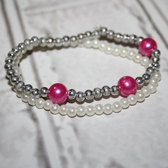 🌸 Pearl & Pink Beaded Bracelet Set · 6" · Sweetheart Stack 💖 - Picture 2 of 3